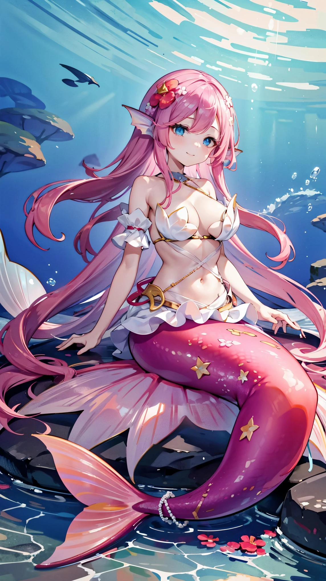 (masterpiece), ( Best Quality ),Traptrixrafflesia, a girl ,Pink Hair,Rawang flower hair ornament , white dress, blue eyes,Head fin, unique , Big Breasts ,Mermaid,粉色的Mermaid尾巴, Full Body Photo ,(Underwater:1.2),Lying on a rock reef,charming face(Kawaii, charming,Soft), Smile,