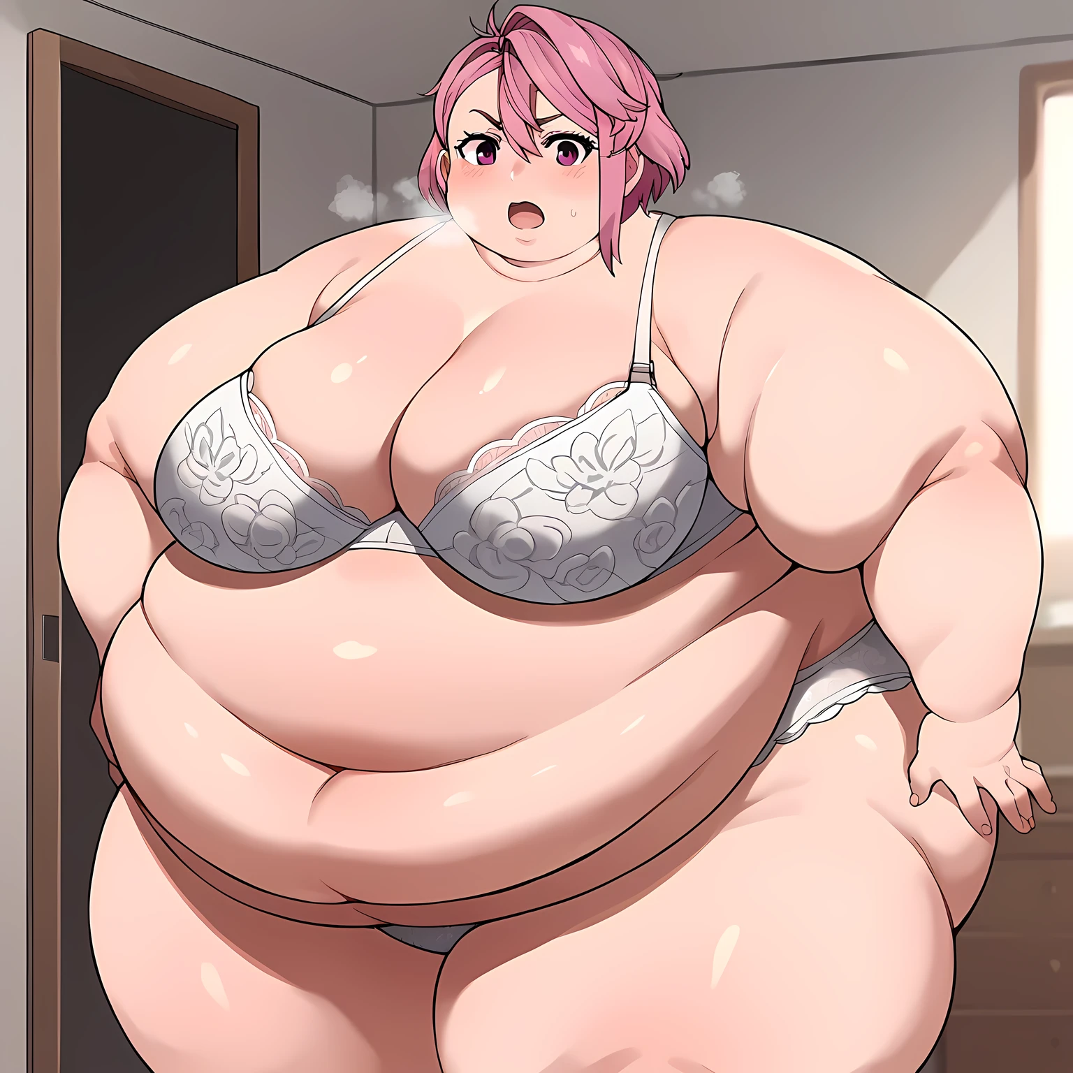 score_9, score_8_up, score_7_up, source_anime, aira shiratori, short hair, bangs, hair between eyes, pink hair, pink eyes, medium breasts, white lace bra, white lace panties, medium breasts:1.3, looking at viewer, standing, living room fat, chubby, obese, gigantic arms and legs, large breasts open mouth, out of breath