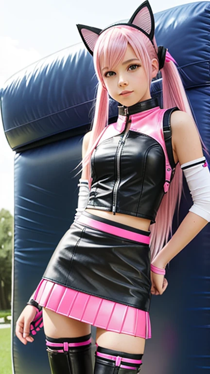  teenager with pink hair ,  slim model , pink leather korsett , tüll skirt pink ,  leather arm warmers blue,  knee-high leather boots, Cat ears, bouncy castle, twintails

