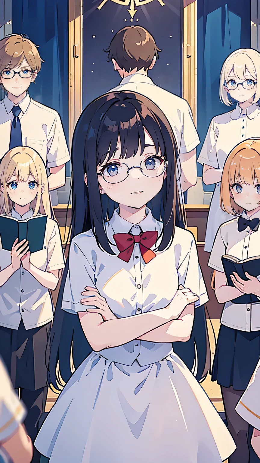 “In the high school music room, all the choir members stand in a semicircle, singing together. The main character stands at the front, guiding them with gentle gestures. The shy boy with glasses sings with newfound confidence, while the ite firar girands straighter than before, her voice clear and strong. The choir leader watches from the side, her arms crossed, smiling faintly with pride. The atmosphere is filled with hope and unity, as their voices blend into a perfect harmony.”