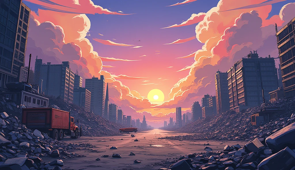 Destroyed city in anime style, without structures, like a terrain with scrumbles around, dirty floor, bright art, vivid sky, ((you can use shibyua city in jujutsu kaisen season 2 as example))