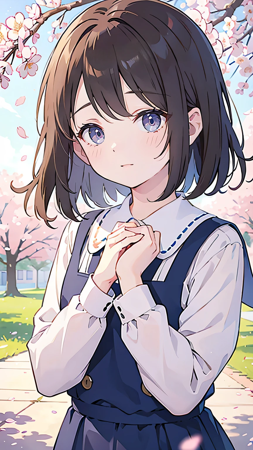 “Outside in the school courtyard, the petite first-year girl with short brown hair laughs joyfully with her choir friends after a successful practice. She clutches a music sheet to her chest, her eyes bright with newfound confidence. The main character playfully pats her shoulder, while the shy boy adjusts his glasses with a small smile. The cherry blossoms fall gently around them, creating a warm and vibrant atmosphere of friendship.”