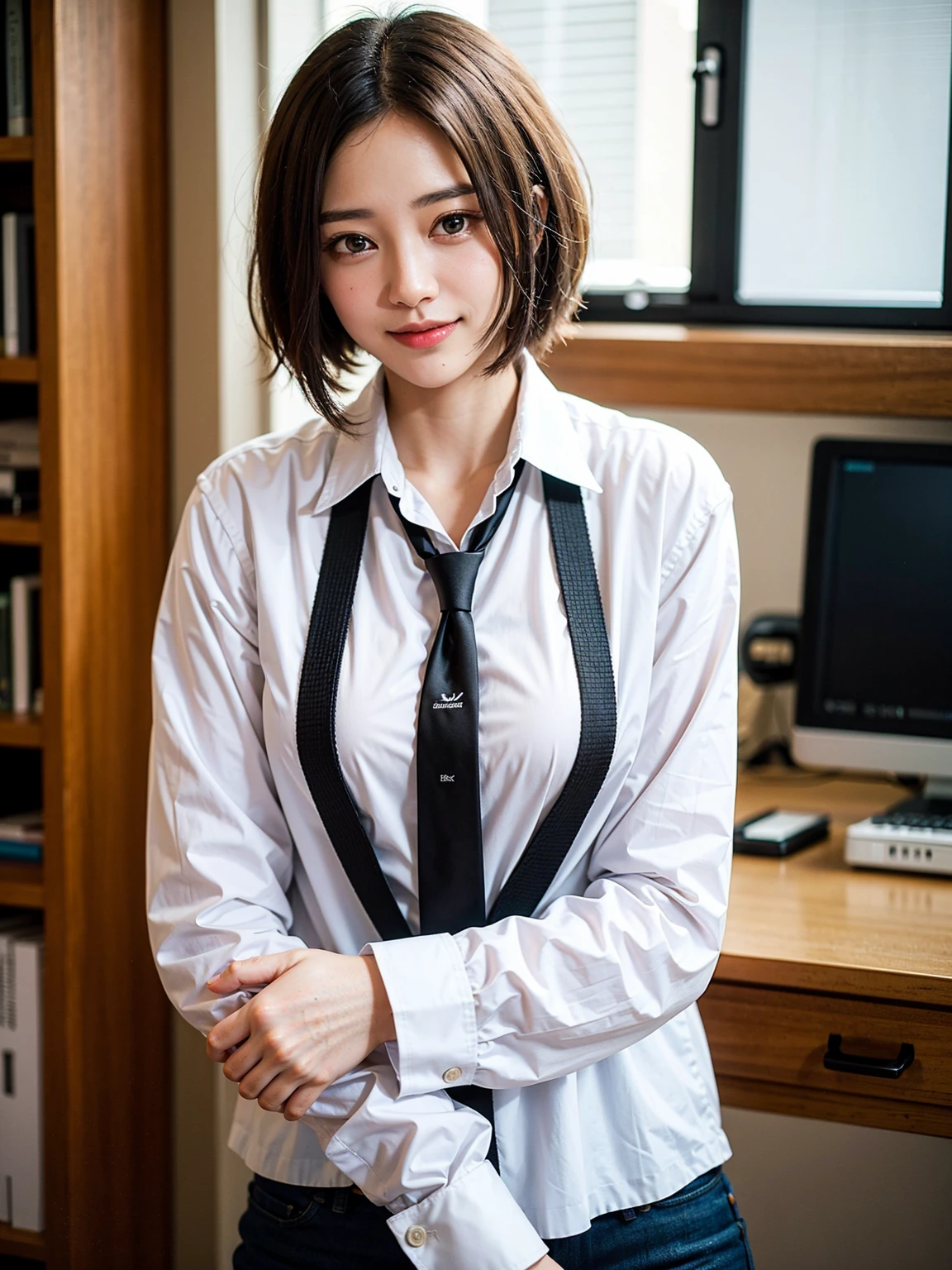 Masterpiece, Best Quality, Ultra Detailed, Illustrations, Film Composition, Detailed, Isometric, 1girl, Cute Brown Eyes, Black Hair Sweeping Bangs Single Hair, Red Hairpins, Wearing a White Collar Shirt, Black Tie, and Black Pants, Formally Dressed, Gazing at the Audience Glamorously, Perfectly Seductive in Posture, Indoor Office, Seeing Someone Coming in the Door to Peek at the Upper Body, Blushing, Smiling and Closing Your Mouth, (8K:1.1).