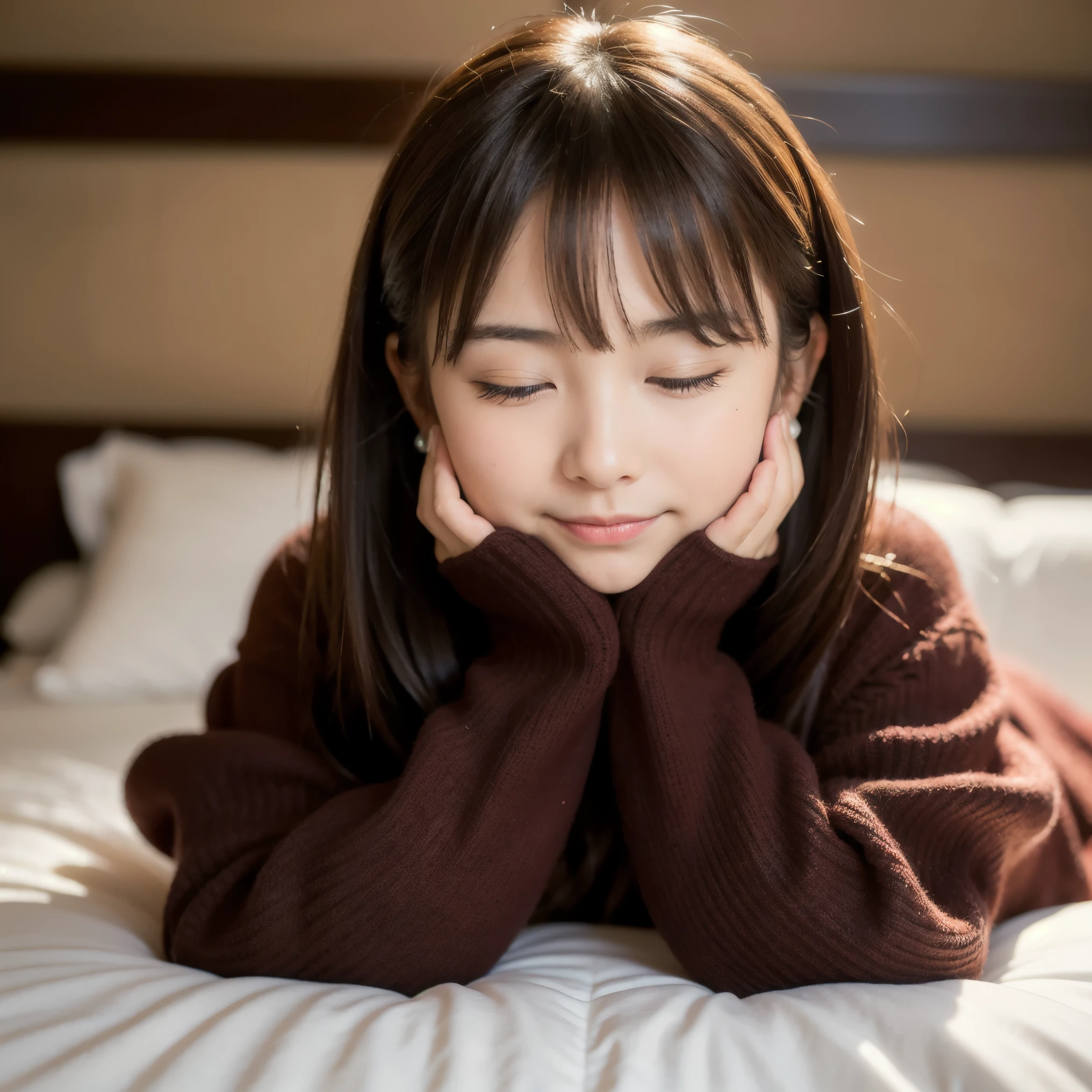 Japanese ID ,(( cute ,:1.2)),(8k,  RAW photos ,  super detailed ,  top quality :1.2), ( realistic,  Photorealistic:1.4), ( very detailed,  super high res , beautiful,  table top in bed:1.2),18 years old , very detailed顔と目, Shiny Skin ,(whole body:1.  Professional Writing ,Soft light,  Sharp Focus, Deep written boundary, Medium Brown Hair , earrings for women with first name, ( :1.3),Bokeh,( dynamic angle :1.5 ),( comments、 muffler 、gloves、Looking warm ),背景はMount FujiにAsahiが登る,(( with their eyes closed and their hands in front of their face)),smile,((First sunrise of the year)), New Year,Asahi,Mount Fuji,grassland