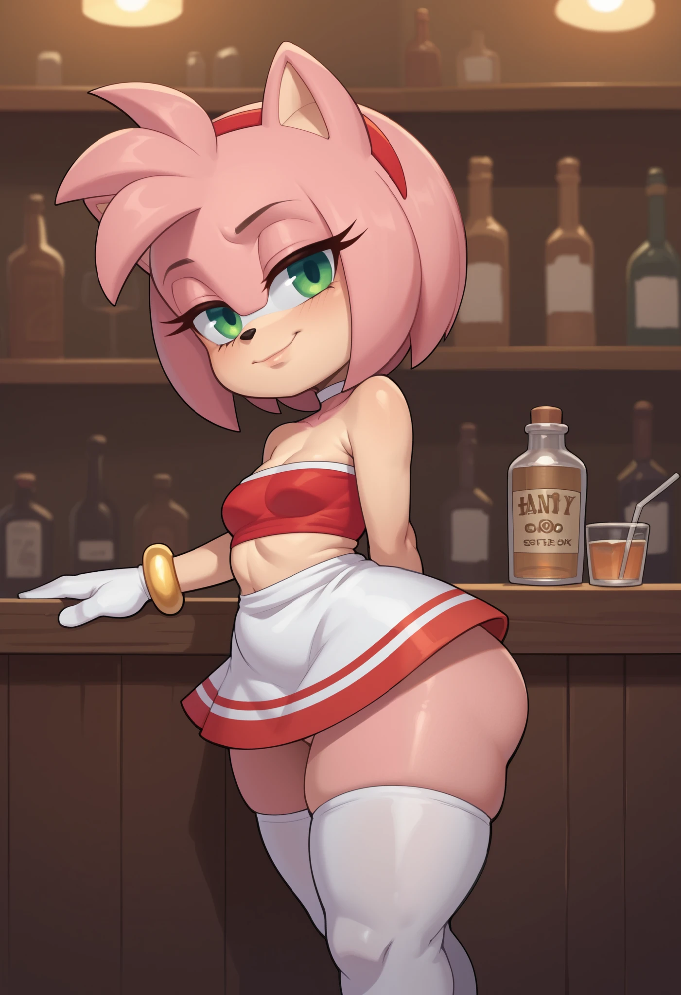 score_9, score_8_up, score_7_up, rating_explicit, source_cartoon, white outline, bold outline, simple background, evnstnly, 1 girl, furry female, amy rose, two-tone skin, cute, (shortstack:1.3), white gloves, gold bracelet, tube top, small breasts, huge hips, plump, chibi, hand on hip, motion lines, half closed eyes, head tilt, from side.|  choker,  mini dress, stockings, bar.