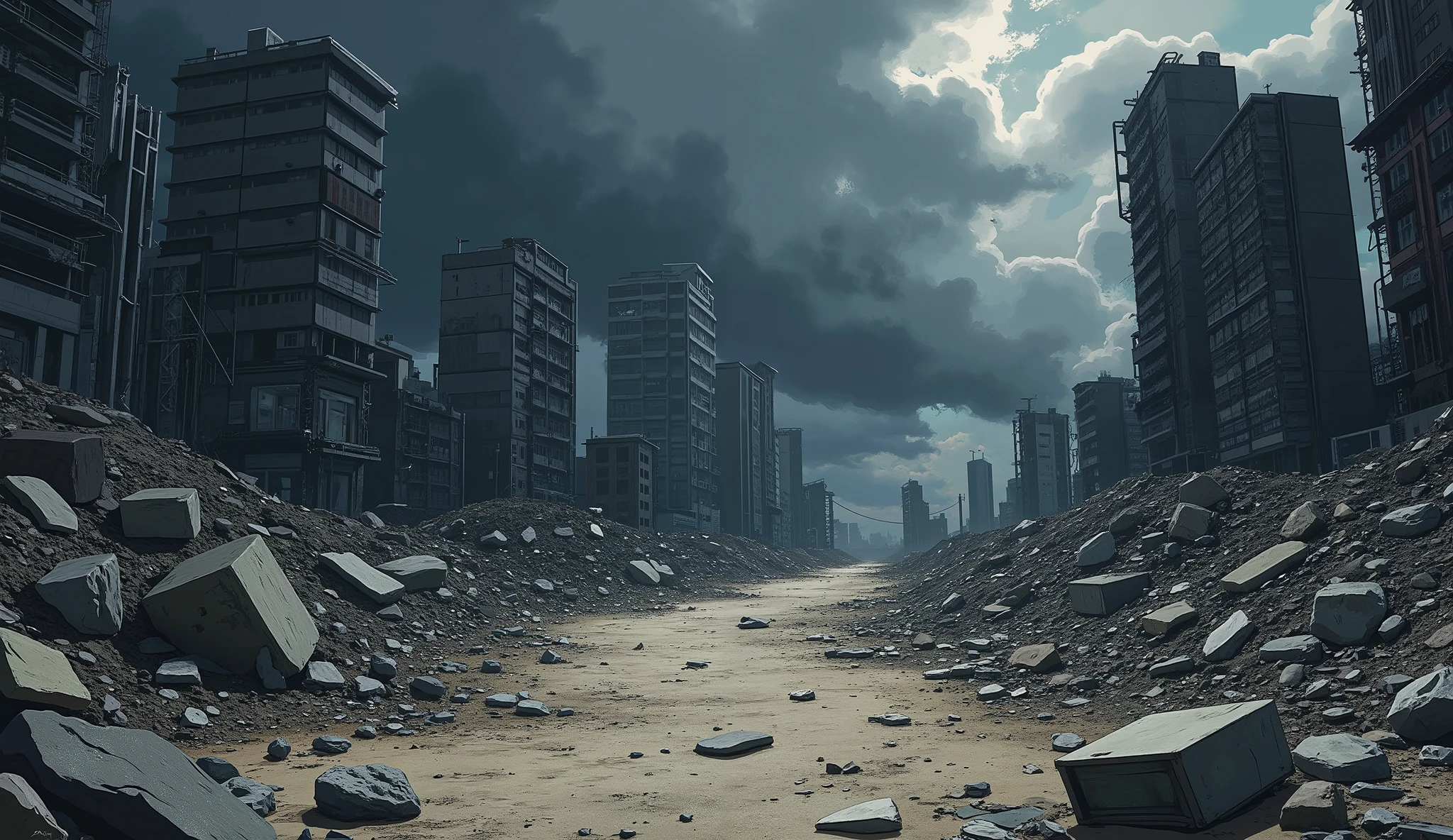 Destroyed city in anime style, without structures, like a terrain with scrumbles around, dirty floor, and a dark, eerie atmosphere, ((you can use shibyua city in jujutsu kaisen season 2 as example))