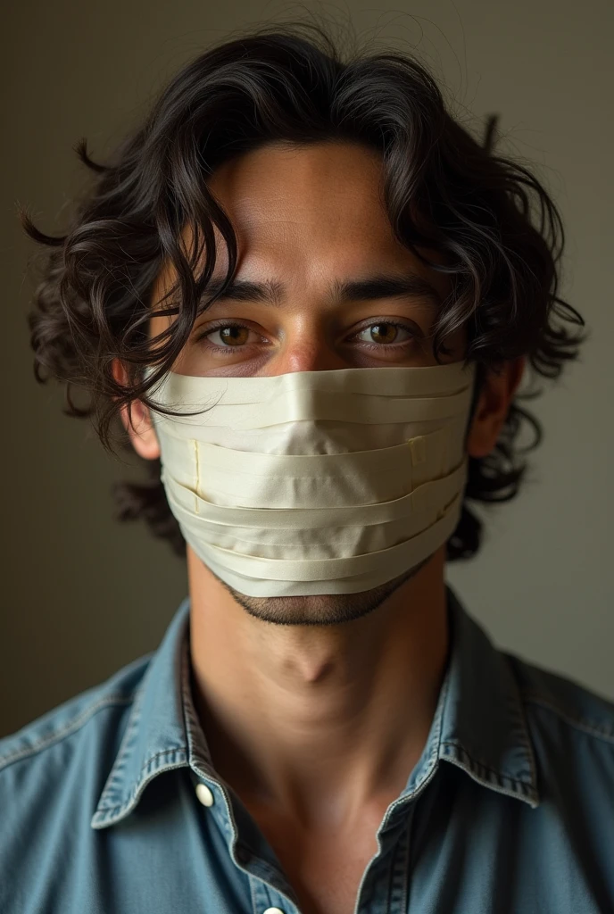 man with tape wrapped around mouth
