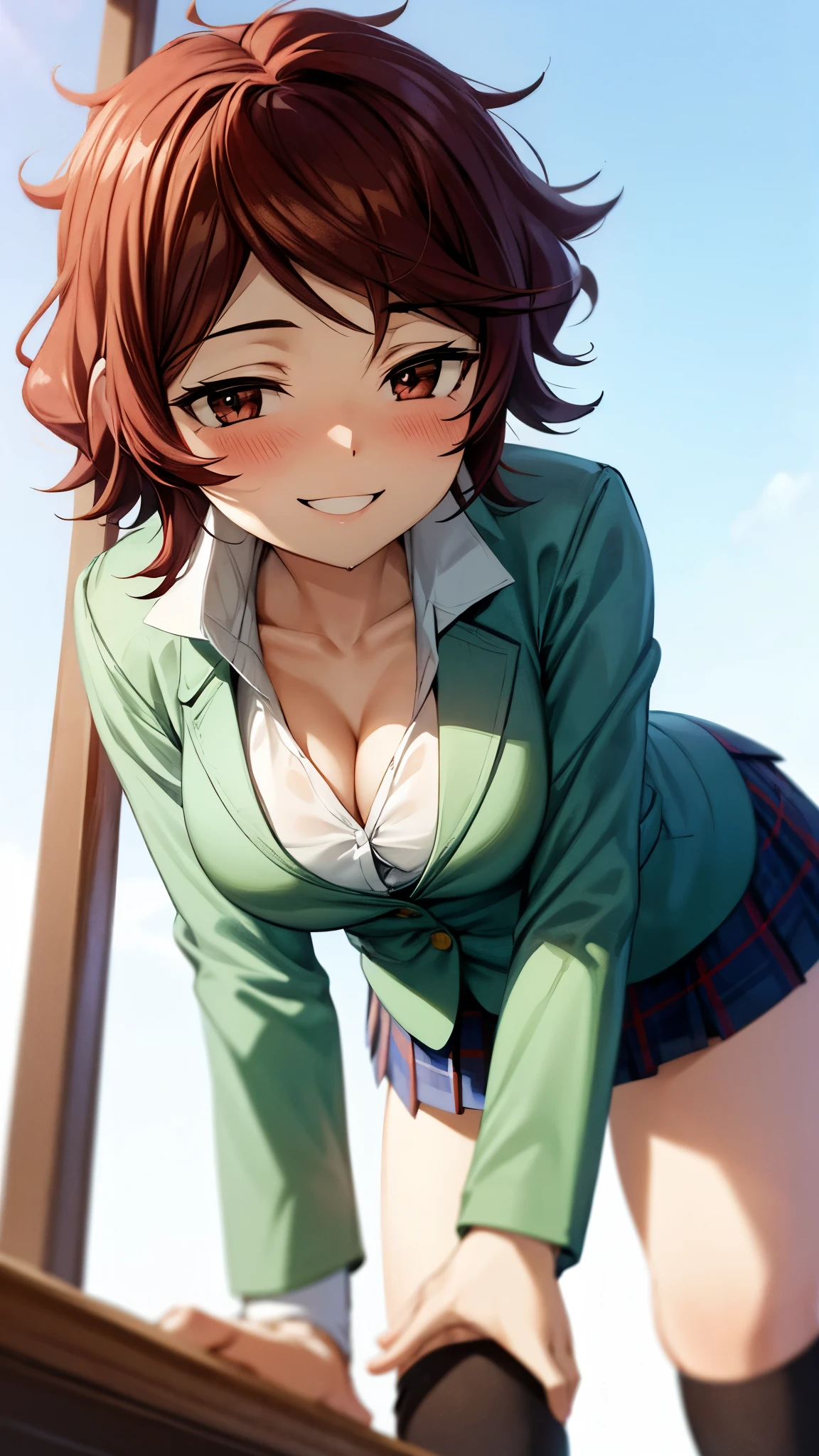 （ super high quality , super high res,16k,super masterpiece,Ultra HD ,Detailed shading and background,） shot from below , sexy girl looking up, white shirt, cleavage, navy blue blazer, plaid mini skirt , black knee socks ,smile,blush,Park in the morning sun,Leaning forward greatly,