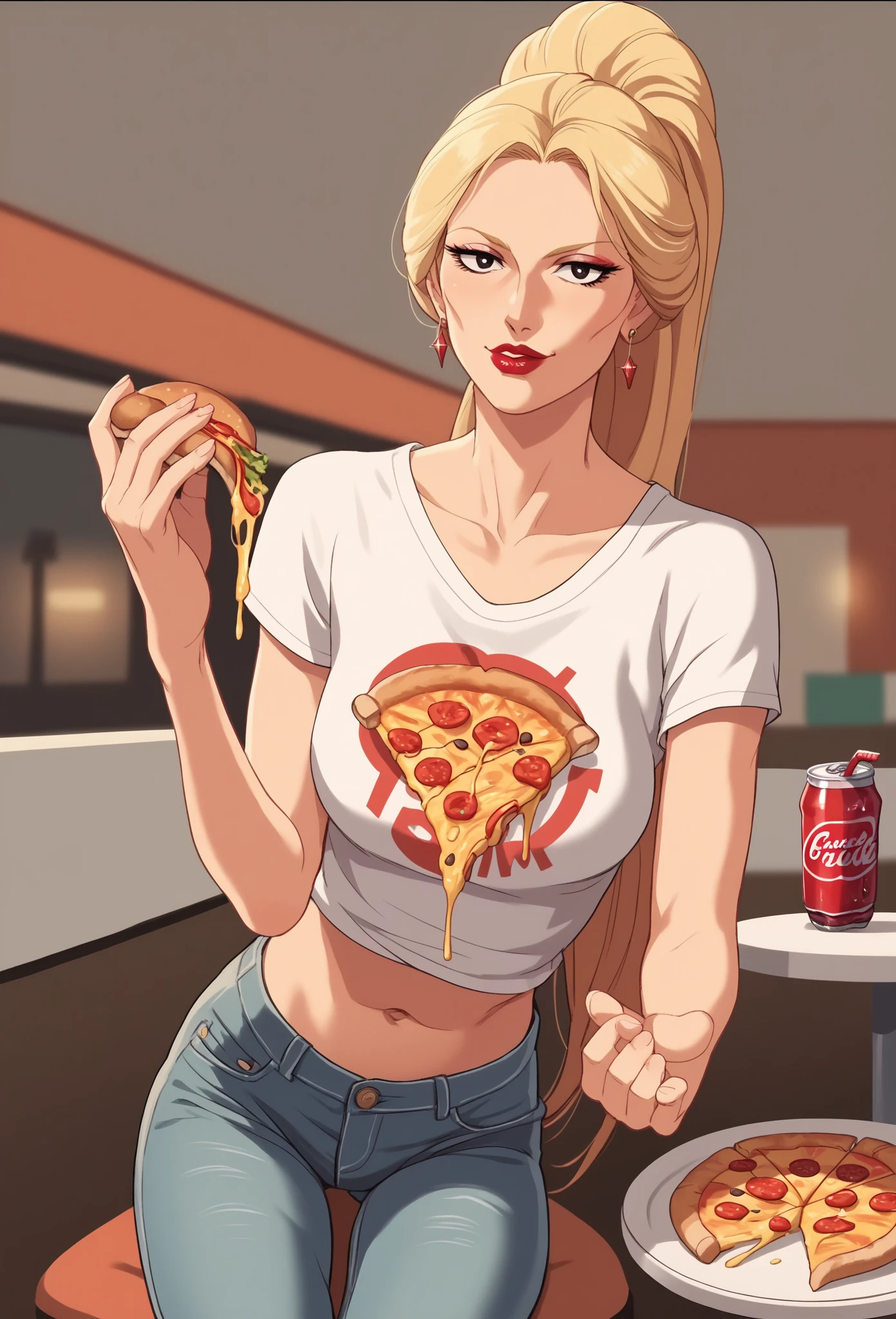 a picture in the style of a gta 5 poster game, GTA V, Grand Theft Auto 5 poster. A beautiful blonde, she has a glass of white wine in her hand, she is 30 years old, she is wearing a red dress.