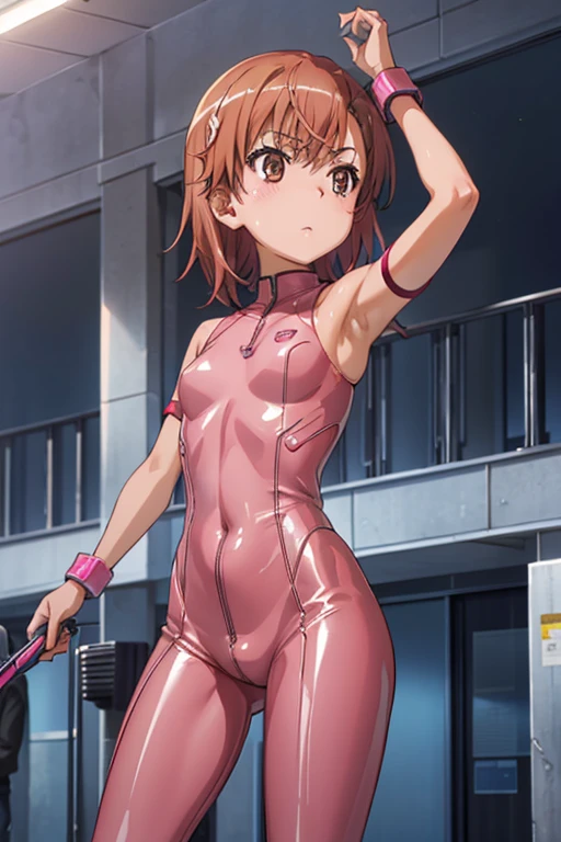 (((Pixel Perfect, Perfect in every detail))), alone, single, alone focus, One girl, Yu Watanabe, View Viewer, smile, Superhero, Red leotard, highleg leotard, barefoot, boots, Are standing, Hands on hips,Urban Background, No sleeve, Ultra-high resolution, Absurd, ((Only 5 fingers)), Perfect body, Good balance