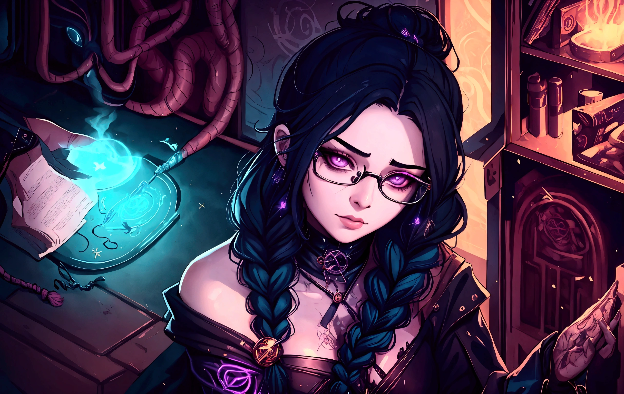 Young female witch wearing glasses, casting a spell, sexy, long braided hair, archive background, cyberpunk