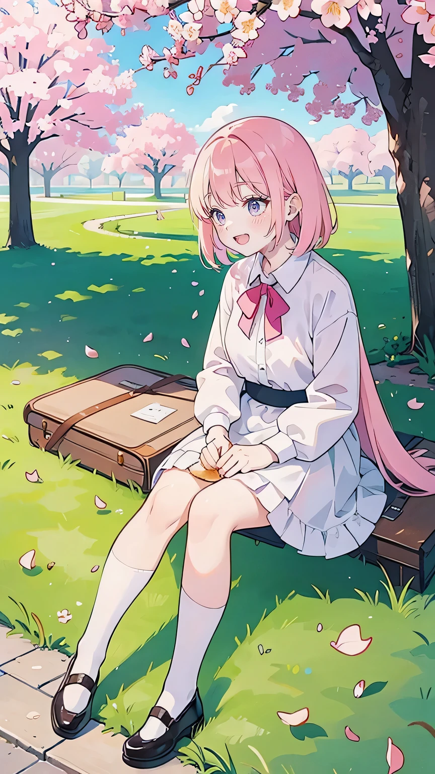 “Under the shade of a large cherry blossom tree in the high school courtyard, the choir members sit on a blanket, sharing a lunch break. The main character sits cross-legged, holding a sandwich, as she laughs with her friends. Music sheets are scattered around them, and one member strums a guitar softly in the background. The scene feels vibrant and full of youthful energy, with pink petals floating gently in the breeze.”