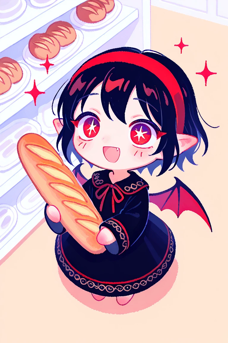 (solo:1.4),1girl\(vicomte,(chibi),cute, vampire wings, red eyes,open mouth, sharp vampire fangs, black short hair, elf ears, cute (((red ribbon))) headband, (big evil smile) cute smile,face shining, big eyes, cute expression, black short vampire robe\(gothic embroidery\), hugging (baguette bread) \),cute pose,black short vampire dress,full body, (many sparkle in eyes:1.4)\),inside,at bakery, breads displayed neatly on shelves, (from above:1.5), dutch angle, minimalist, lineless