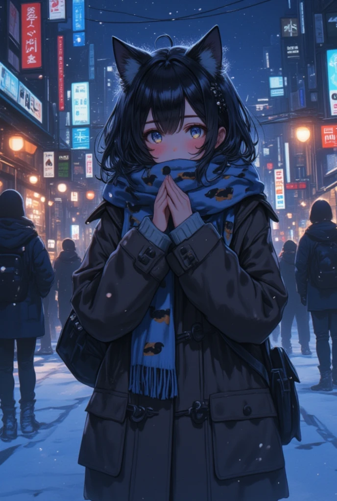 Artwork, anime, 8K quality, theme is "cat ear girl", cat ear girl walking in the city at night in winter, wearing a duffle coat and a dachshund scarf, it's a cold night when the breath turns white, the girl is breathing into both hands to warm them, depicting a moment in the cold winter