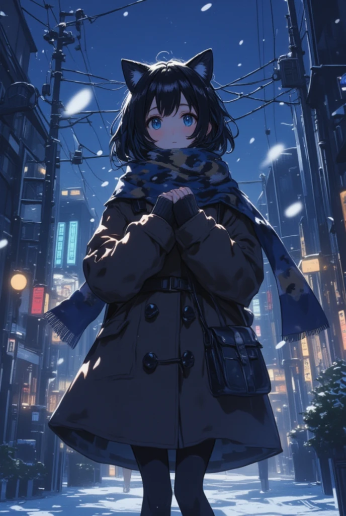 Artwork, anime, 8K quality, theme is "cat ear girl", cat ear girl walking in the city at night in winter, wearing a duffle coat and a dachshund scarf, it's a cold night when the breath turns white, the girl is breathing into both hands to warm them, depicting a moment in the cold winter