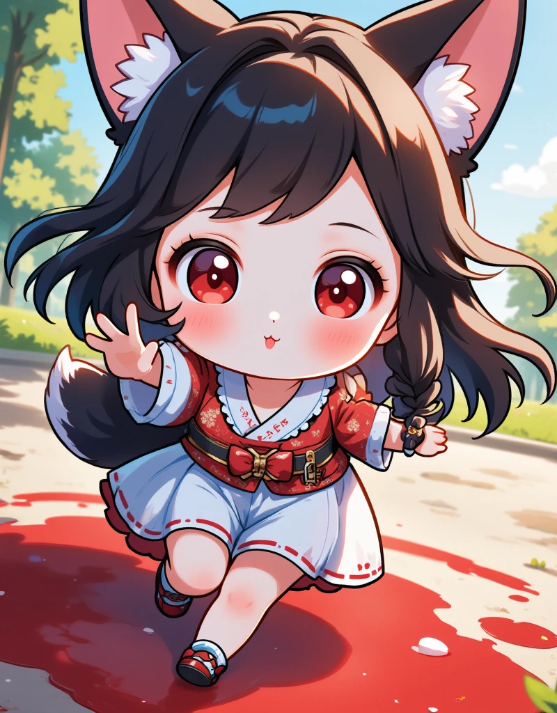 good work, (best quality), illustration, depth of field, (color),masterpiece,best quality,petite,cute,loli, kawaii,1girl, hoshimi miyabi, zenless zone zero, rei \(sanbonzakura\), from above,animal ear fluff, fox ears, fox girl, depth of field,solo, long hair, looking at viewer, bangs, black hair, red eyes, animal ears, upper body, braid, japanese clothes, blurry, twin braids, reaching towards viewer,Bandage_strapless,Shoulders, navel,open clothes,Lying in a pool of blood
