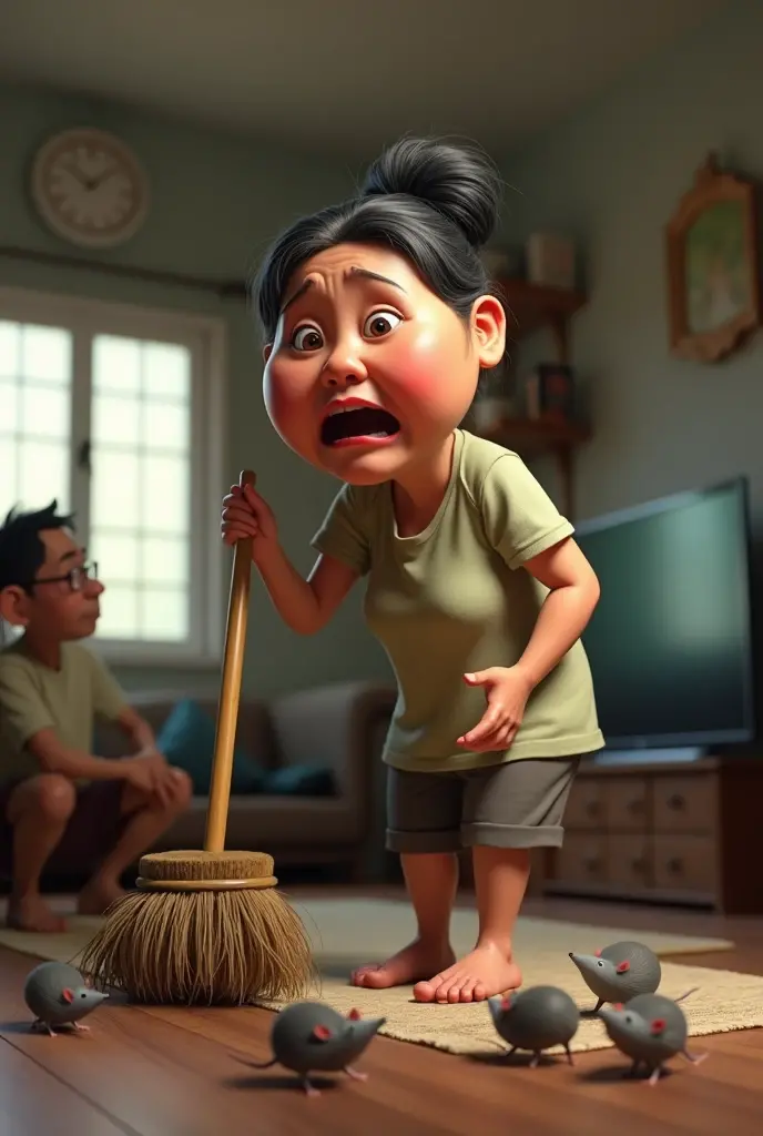 60 years old Indonesian lady holding a broom stick, sweeping the floor. The lady a little bit fat, dark pale skin. Several mices running around, The lady look upset and terrified. Her husband is nearby look relax watching TV. Detailed 3D caricature.