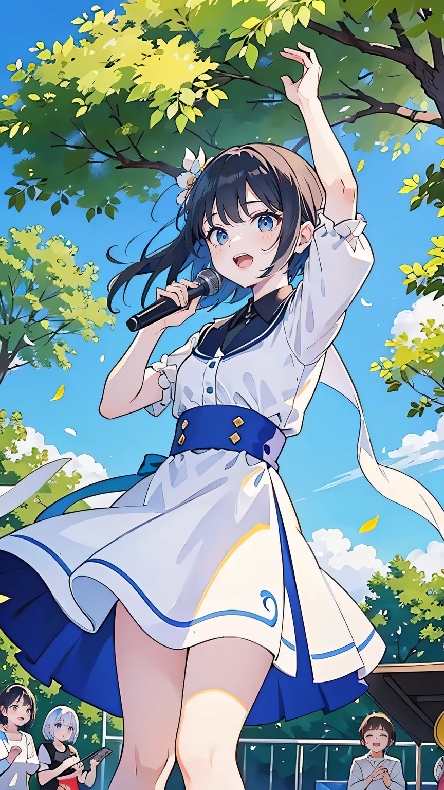 “In an open-air stage at a local community festival, the choir performs under a clear blue sky. The main character stands at the center, singing passionately as the audience, filled with families and ren, claps along. Colorful streamers flutter in the wind, and the surrounding trees add a touch of nature to the lively atmosphere. The choir’s voices echo beautifully, captivating everyone present.”