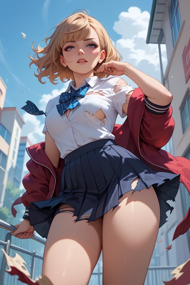 1 da Anime Linda De cabelo Rosa Longo, It's red eyes., com pernas abertas, is With School Skirt, mostrando Roupas Intimas, it's Japanese high school clothing, com estrela nos olhos, imagem Estilo Novel de anime, Roupas Intimas Brancas, com calsinha branca, colegial senda em uma mesa de pernas abertas, mostrando Roupas Intimas, his face is flushed, com vergonha, wearing pantyhose, ((imagem Estilo Novel de anime)), ((corpo inteiro)), ((With Underwear there is Sample))