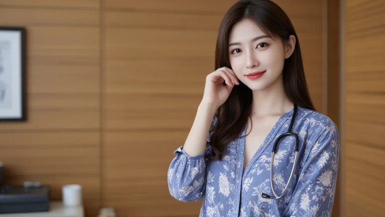 high resolution and realistic image, beautiful Javanese female doctor, fair skinned, with big breasts, her chest slightly open, she is about 25 years old, smiling sweetly, wearing a batik patterned blouse, her finger holding the hair next to her ear, there is a Stethoscope on her neck. the background shows a doctor's practice room with wooden walls