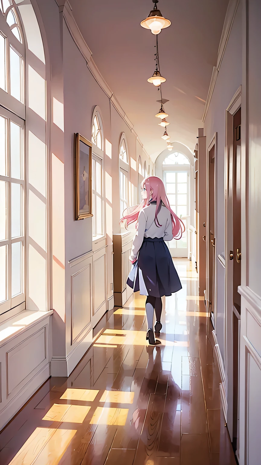 “Inside the high school during spring, cherry blossom petals drift in through open windows, scattering across the polished hallway floor. The main character walks down the hall with a stack of music sheets in her hands, her eyes focused ahead. The sunlight streaming through the windows casts soft pink hues across the walls, creating a serene and poetic atmosphere. In the distance, the faint sound of a piano playing can be heard.”
