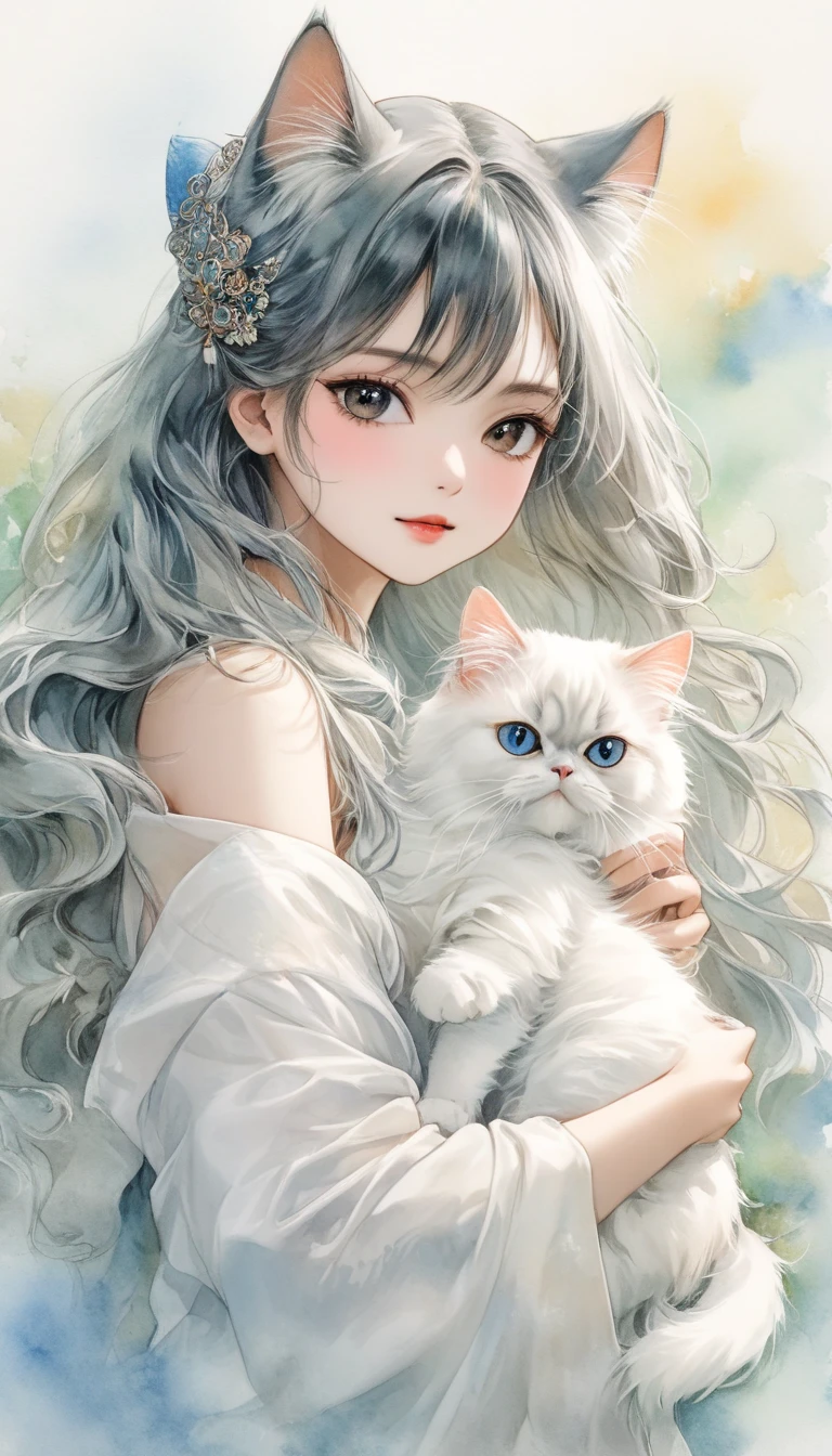 Oriental beautiful girl，A Persian cat holding a Persian cat . with cat ear ornament ，Shoulder to look.白色透明的Realistic畫作， Color Watercolor Rendering ， Face Texture Clear ，， Messy Stroke ，.Realistic、Super detailed、 Curved hips 、 top quality 、masterpiece、超高分辨率數位藝術影像超現實主義masterpiece最佳品質