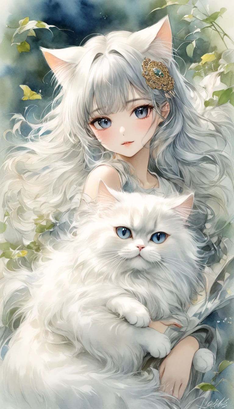 Oriental beautiful girl，A Persian cat holding a Persian cat . with cat ear ornament ，Shoulder to look.白色透明的Realistic畫作， Color Watercolor Rendering ， Face Texture Clear ，， Messy Stroke ，.Realistic、Super detailed、 Curved hips 、 top quality 、masterpiece、超高分辨率數位藝術影像超現實主義masterpiece最佳品質