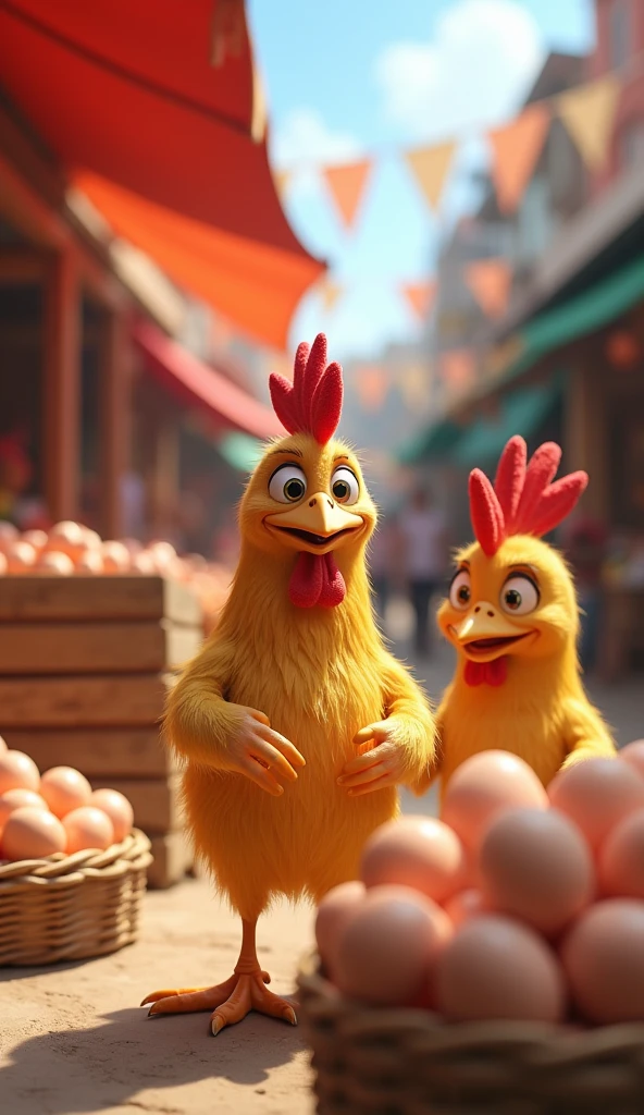 Generate me an image of a yellow leg and a brown rooster in the barn looking






