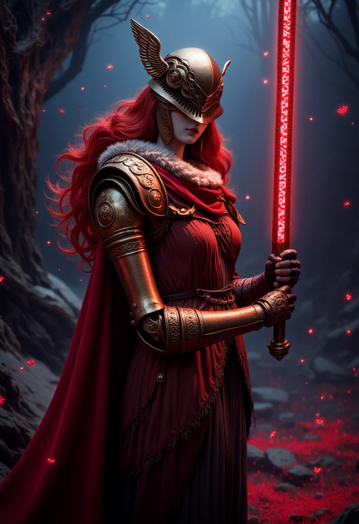 A dark and dramatic scene of MaleniaNorm, the undefeated warrior, standing confidently in the center, her slender form draped in crimson and gold armor adorned with thorn-like details. Her face is partially obscured by her intricate golden helm, revealing only her cold, determined eyes and flowing red hair. She wields her iconic, massive rune-etched katana, glowing faintly with a vibrant scarlet light, hovering just above her hand as if controlled by her sheer will. Her armored hands, gloved in ornate metallic designs, grip the sword’s hilt with deadly precision. The background is shrouded in darkness, accented by splashes of vivid neon reds, blues, and purples that create an otherworldly, chaotic atmosphere. The scene blends cyberpunk and dark fantasy aesthetics, emphasizing dramatic lighting, high contrast, and a shallow depth of field. Bokeh effects and film grain add a cinematic, moody quality to the shot, capturing Malenia’s haunting beauty and deadly presence in stunning, highly detailed fashion. (maximum ultra high definition image quality and rendering:3), maximum image detail, maximum realistic render, (((ultra realist style))), realist side lighting, , 8K high definition, realist soft lighting, (amazing special effect:3.5)  