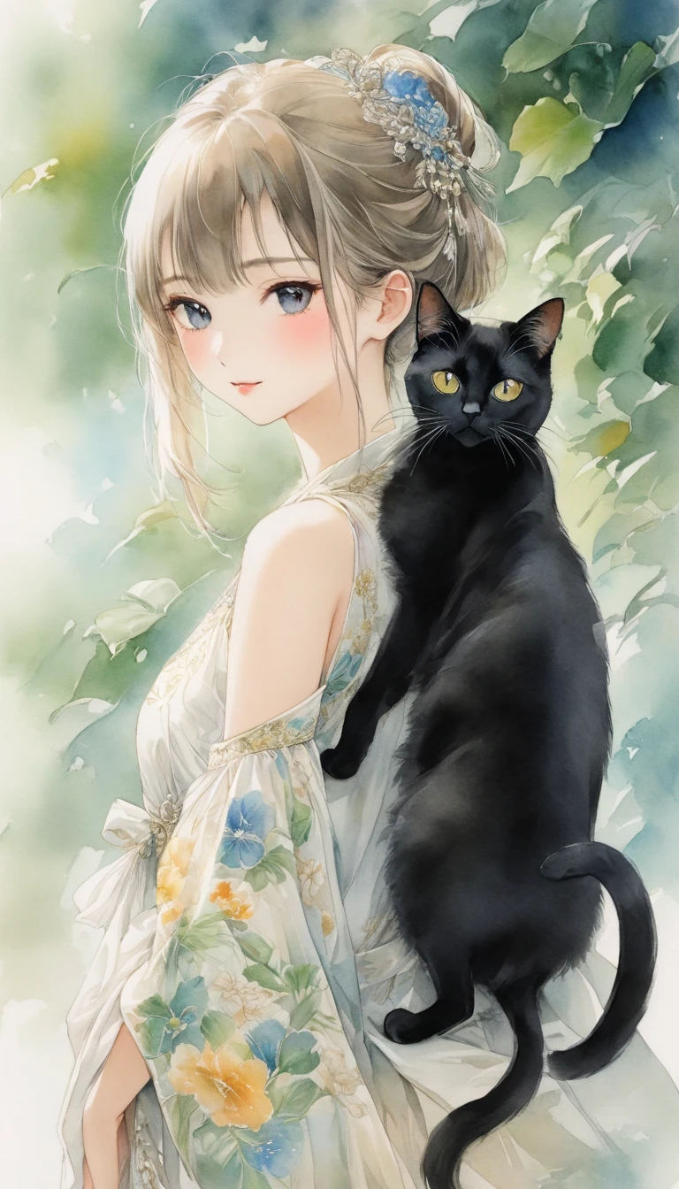 Beautiful oriental cat ear girl , holding a black Persian cat by her side,Shoulder to look.白色透明的Realistic畫作, Color Watercolor Rendering , Face Texture Clear ,, Messy Stroke ,.Realistic、Super detailed、 Curved hips 、 top quality 、masterpiece、超高分辨率數位藝術影像超現實主義masterpiece最佳品質