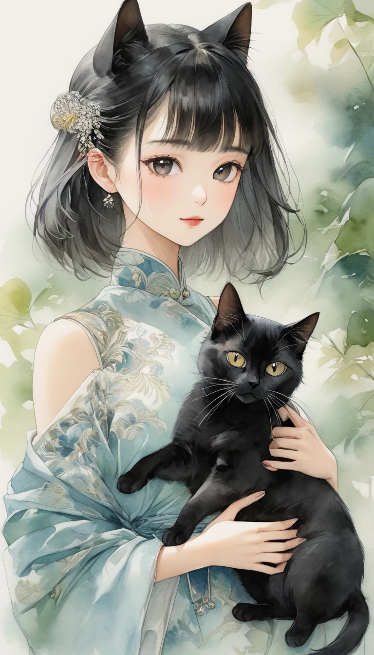 Beautiful oriental cat ear girl ， holding a black Persian cat by her side，Shoulder to look.白色透明的Realistic畫作， Color Watercolor Rendering ， Face Texture Clear ，， Messy Stroke ，.Realistic、Super detailed、 Curved hips 、 top quality 、masterpiece、超高分辨率數位藝術影像超現實主義masterpiece最佳品質