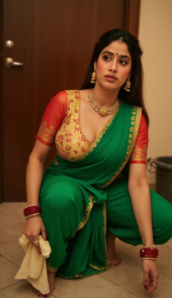 A beautiful sexyIndian bhabhi, 1woman, Bhabhi with big huge enormous gigantic humgous enormous breast,Bindi on forehead, wearing nose ring, wearing arm bands,Voluptuous body, sweaty oily skin,Sexy expression on face, work pressure, green saree, tight Sleevless blouse, ((heavy jewellery) she looks like sexy house maid),squatting position, (cleaning floor tiles with a cloth, beside a bucket full of water), (deep cleavage), photorealistic, 8k, detailed,cinematic lighting, warm color tones, highly detailed, masterpiece