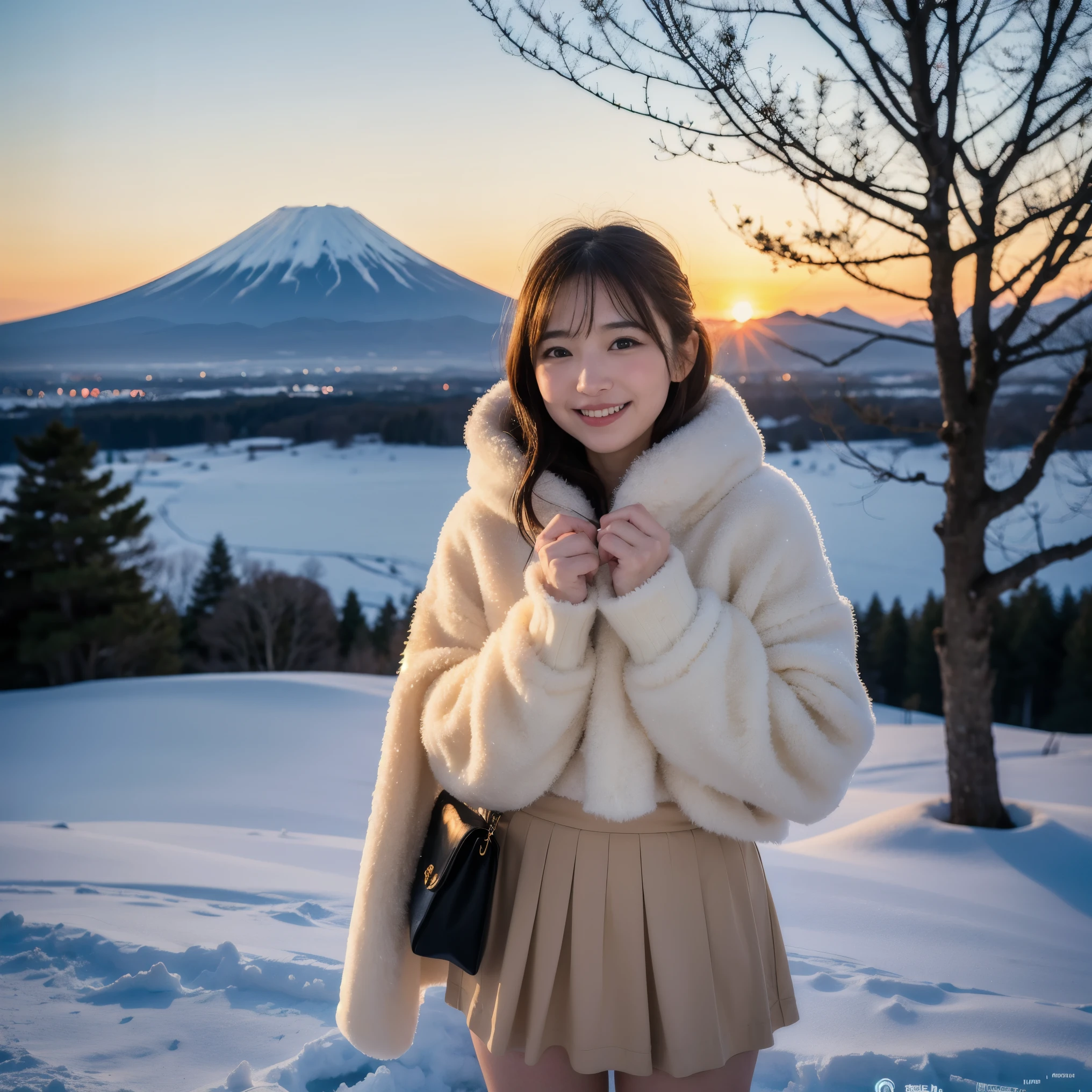 First sunrise of the year,The sun rises from Mt. Fuji,( top quality ,4K, high res,masterpiece:1.2), Ultra Details, realistic,( NFFS, NFFS), girl , Beige Fluffy Coat , Beige Wool Gloves , Navy Blue Mini Pleated Skirt,snow,smile, eye contact, Portrait , brightly colored ,Menopause is Mount Fuji in winter ,Asahi,early morning, blue sky,富士山にAsahiがのぼる,（（The sun rises from behind Mt. Fuji)) soft lighting ,繊細なsnowの結晶,Bright expression,Cheerful pose,  fun atmosphere, happy vibes,Cold breath,blush,Rosy nose, warm atmosphere , Comfortable Winter Fashion , Soft Winter Light ,Mysterious Winter Nights ,純白のsnow景色, 個のsnow片,輝くsnow, Beautiful Winter Fashion ,Effortlessly chic style,楽しいsnow合戦, Icy Cold Weather , Fresh Winter Air , like Innocence , Curious in Her Eyes ,smile eyes,ふわふわのsnow片, Dreamy Winter Wonderland ,winter magic,cute moments,Adorable Outfit , Comfortable Winter Day ,Laughter of joy,夢のようなsmile. thighs thighs thighs,(( The background is Mt. Fuji seen from the prairie )),((富士山の後からAsahiが登る)), New Year,First sunrise of the year,First sunrise of the yearに向かって目を閉じて手をあわせる