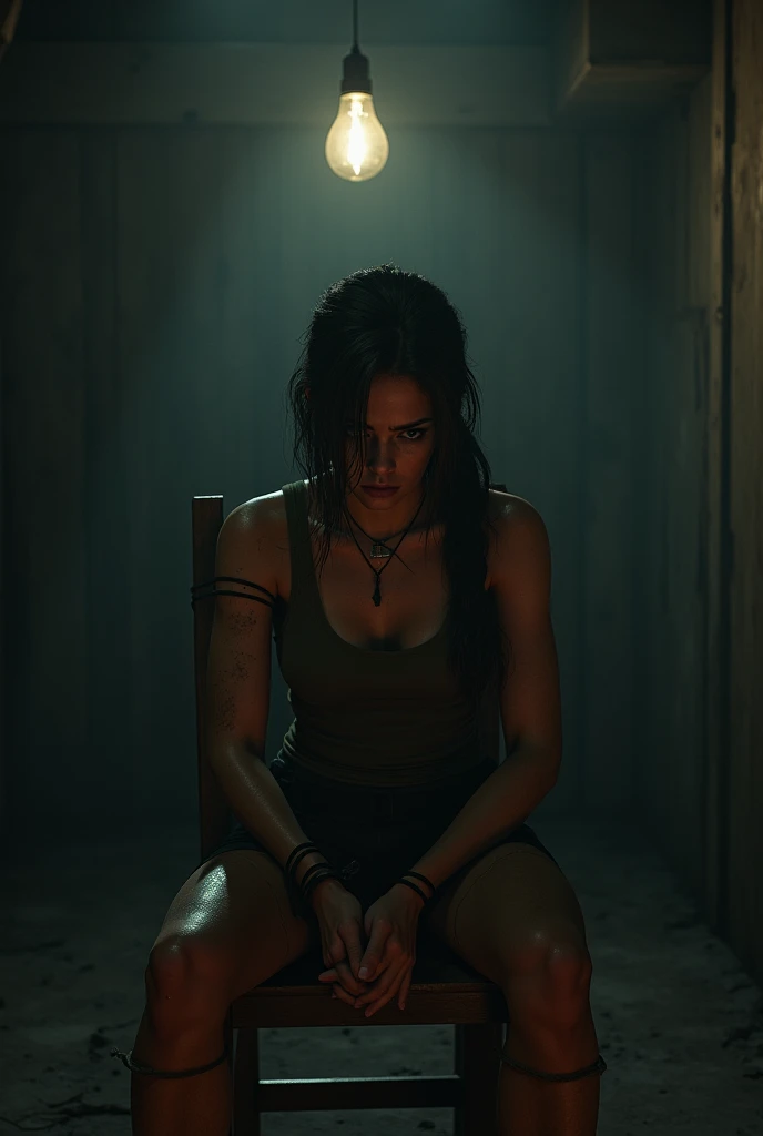 high quality, high resolution, extreme detail, masterpiece, Jill valentine, tied up by chain, in the basement,bondage, (restrained), mud, angry,