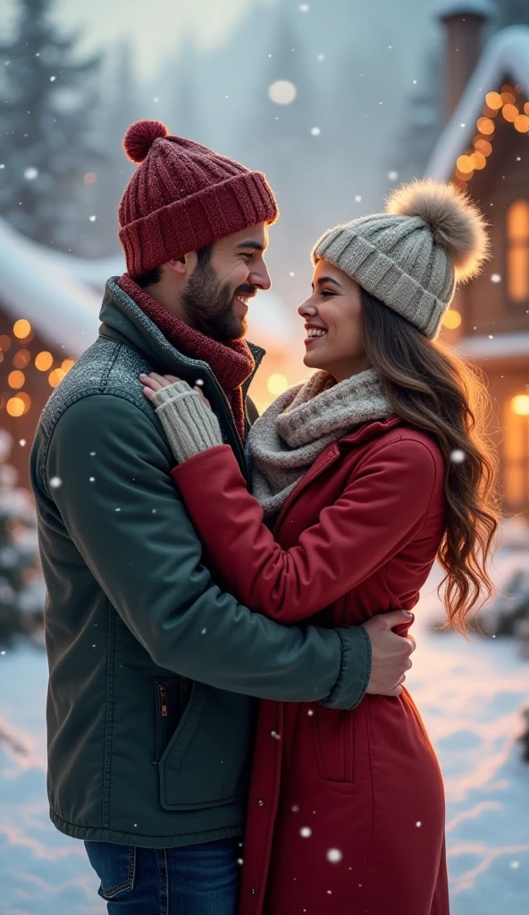 A couple hug to warm each other under the snow