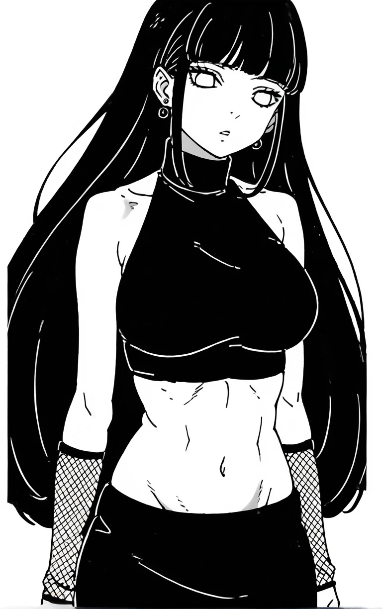 score_9, score_8_up, score_7_up, score_6_up, score_5_up, score_4_up, BREAK source_anime, 1girl, solo,
(Monochrome) (Contrapposto black & white)ChopioHyugaHinata, long hair, Adult_LongHair_hinatahyuga_ownwaifu,
1girl, black hair, , white eyes, long hair, very long hair, makeup, , large breasts, earrings, , straight hair, toned, 
arm warmers,  bare shoulders, midriff, navel, crop top, sleeveless, black skirt, turtleneck, fishnets, black shirt, buttons, sleeveless turtleneck, long skirt, 
((masterpiece)),((best quality)),(highres),