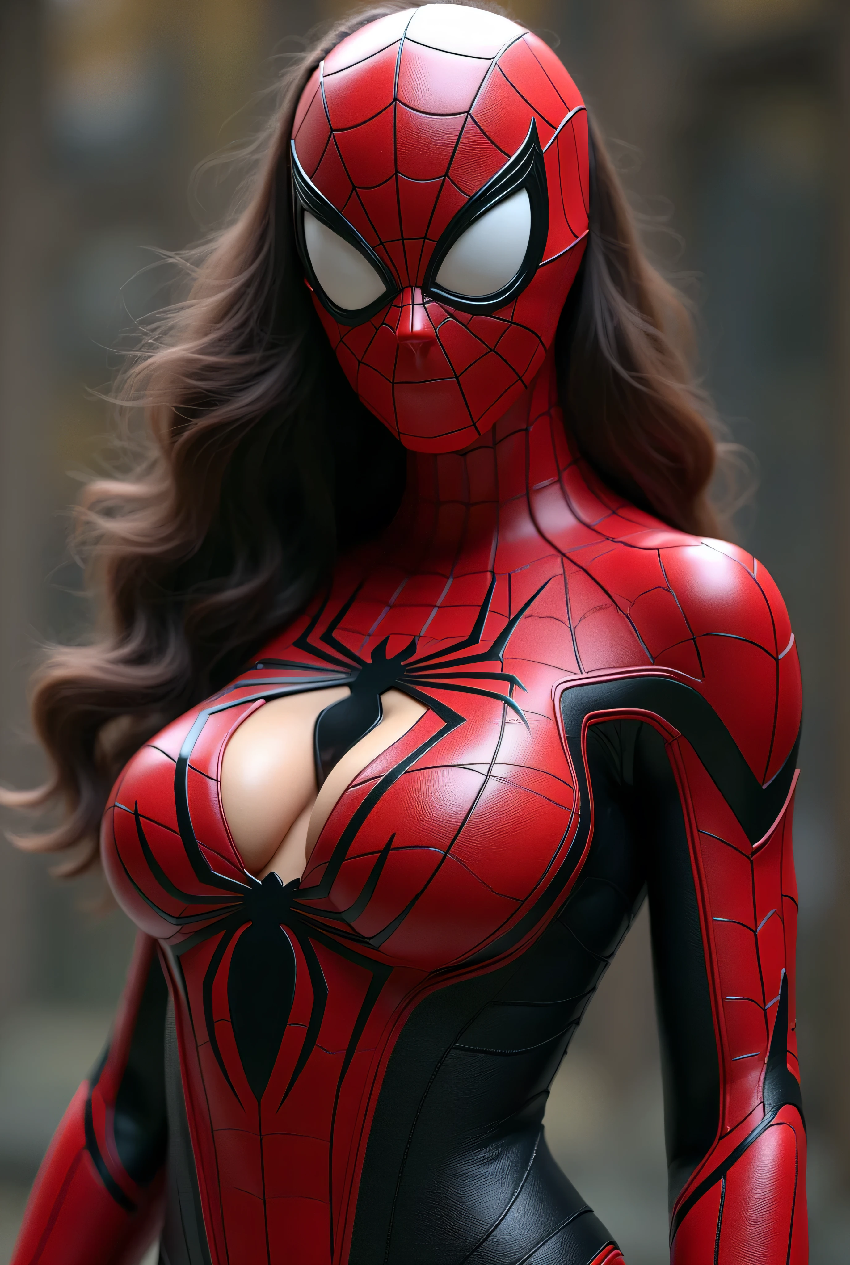 Ultra realistic poster, model with sensual countenance, smiling, Araffed Woman in a Spider - ???? spiderman costume, posing on a city street, Spider Woman, ( ( ( Spider Woman ), Amouranth as a super villain, high definition face, Spiderwoman!!, Spiderwoman!!!!!, intricate body, ((( sipiderman suit almost tearing)))), ((((??????? bouncing from fantasy))),harmonic body, closeup photo in NYC Comicon,  Lara Croft as Spiderwoman, intriguing outfit, better known as Amouranth, Amouranth, (((panties tearing in the middle))), camel paws on display, very thin side straps of panties in white, (((bottom of white panties))), red hair, (((detailed hands))), model looking forward
