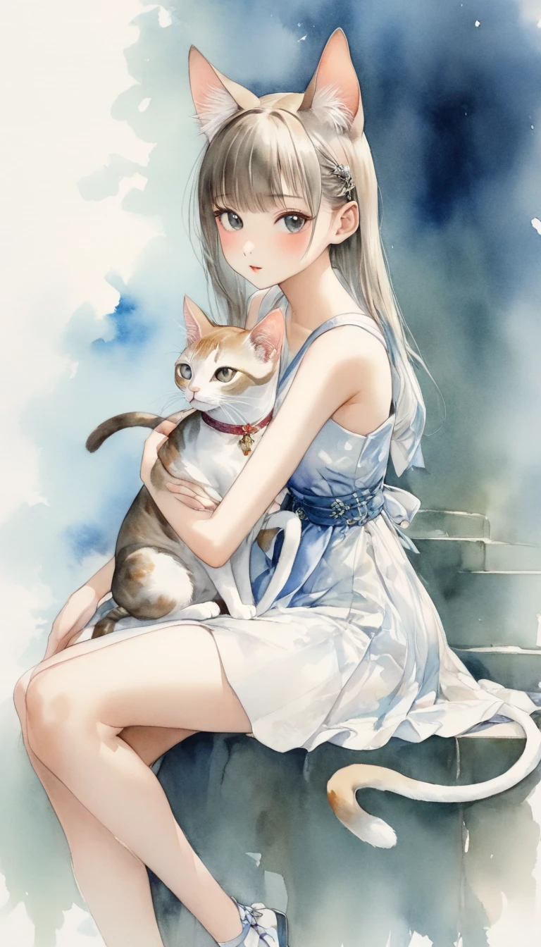 Beautiful oriental cat ear girl ，Side-sitting position . holding a puppet cat on his knee，Shoulder to look.白色透明的Realistic畫作， Color Watercolor Rendering ， Face Texture Clear ，， Messy Stroke ，.Realistic、Super detailed、 Curved hips 、 top quality 、masterpiece、超高分辨率數位藝術影像超現實主義masterpiece最佳品質