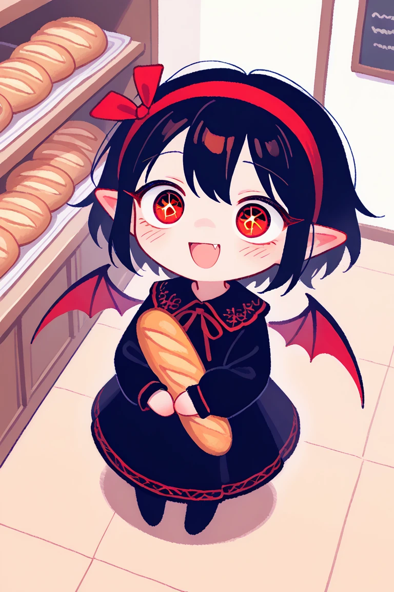 (solo:1.4),1girl\(vicomte,(chibi),cute, vampire wings, red eyes,open mouth, sharp vampire fangs, black short hair, elf ears, cute (((red ribbon))) headband, (big evil smile) cute smile,face shining, big eyes, cute expression, black short vampire robe\(gothic embroidery\), hugging (baguette bread) \),cute pose,black short vampire dress,full body, (many sparkle in eyes:1.4)\),inside,at bakery, breads displayed neatly on shelves, (from above:1.5), dutch angle, minimalist, lineless