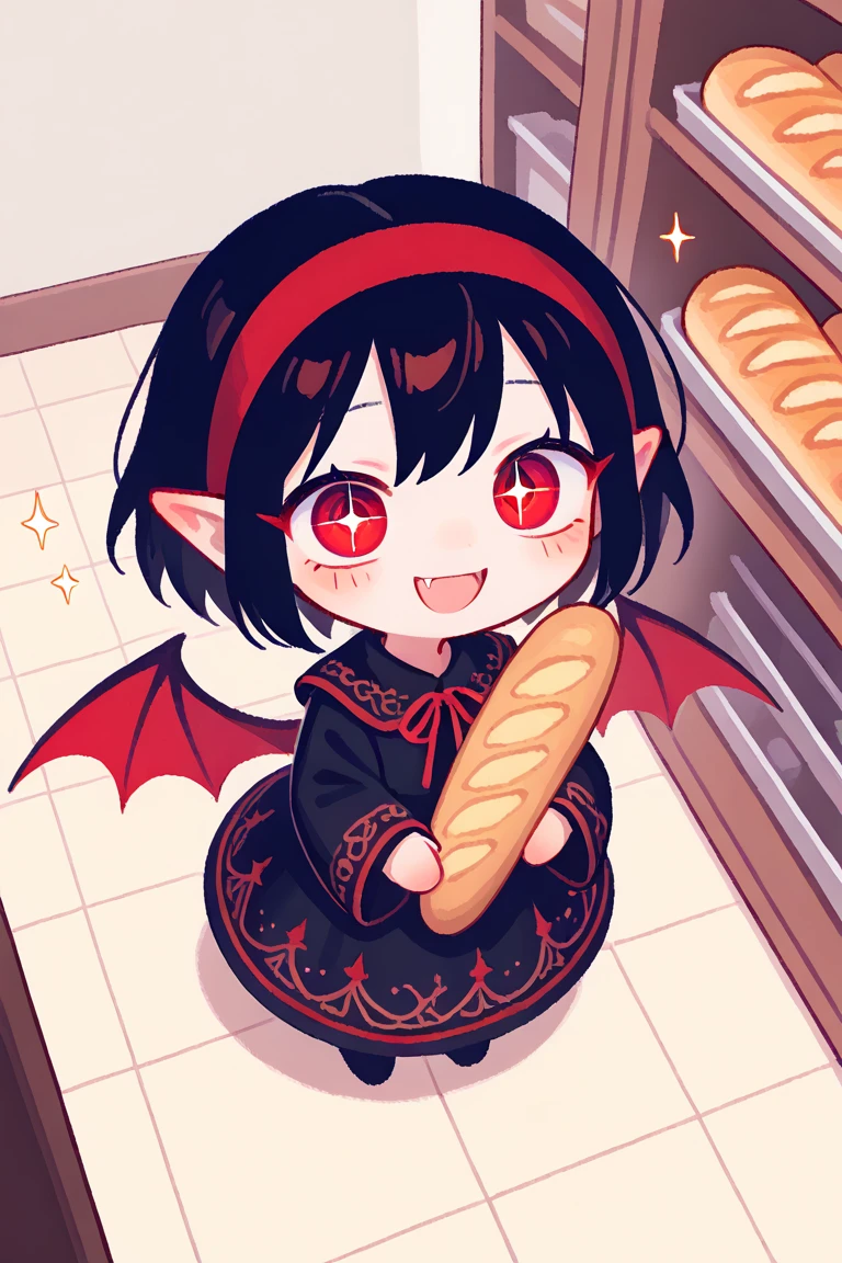 (solo:1.4),1girl\(vicomte,(chibi),cute, vampire wings, red eyes,open mouth, sharp vampire fangs, black short hair, elf ears, cute (((red ribbon))) headband, (big evil smile) cute smile,face shining, big eyes, cute expression, black short vampire robe\(gothic embroidery\), hugging (baguette bread) \),cute pose,black short vampire dress,full body, (many sparkle in eyes:1.4)\),inside,at bakery, breads displayed neatly on shelves, (from above:1.5), dutch angle, minimalist, lineless