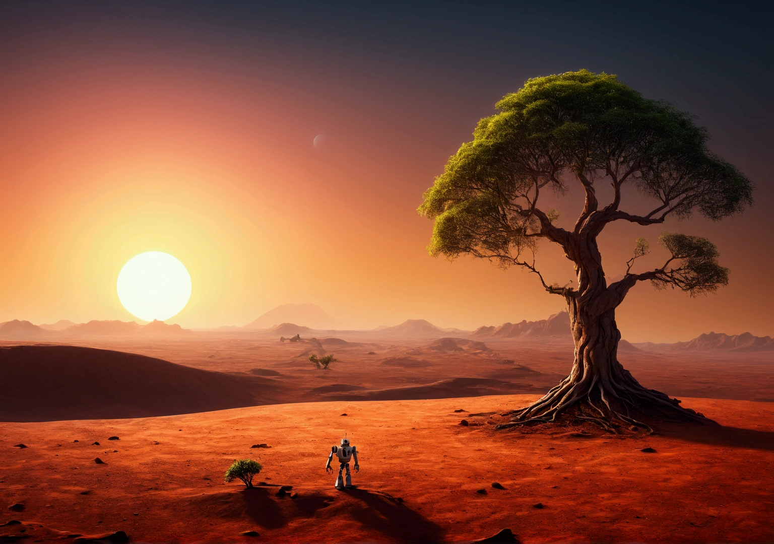  A lonely robot on an empty planet with 1 tree, View from afar, night and 3 suns 