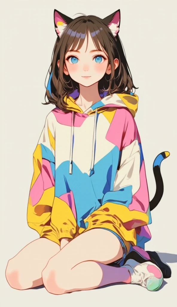 Quite strong deformation、  cute anime girl with a small head and body sitting with sharp eyes 、 Cute cat ears are smiling  、(((:3:1.7))), Gao Pose  、 dreamy cute 、Sickly cute、  simple oversized pullover  、  knee-high socks、 A sharp eye is sitting 、 Hood Up, Poster Style、flat-colors、 A meticulously calculated  、Placed motifs、HIGH QUALITY DESIGN  、 kitschy aesthetics
Waiting to start 
