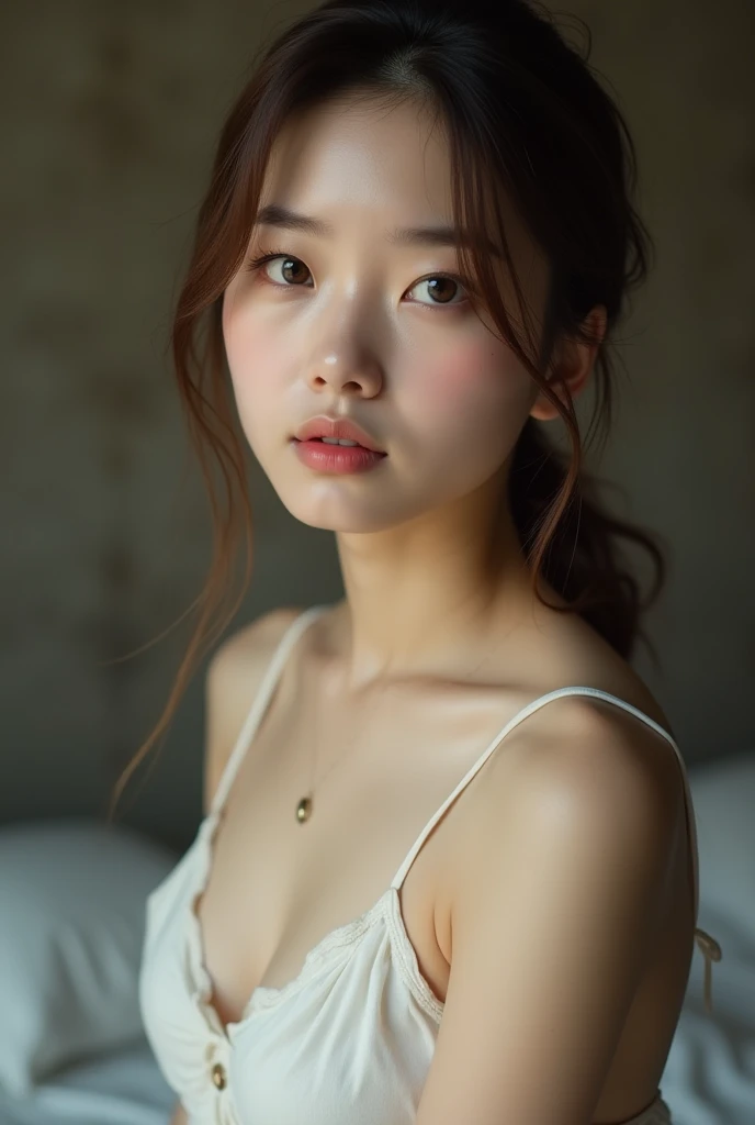 Masterpiece, Ultra High Definition, Micro detailed, fine photo, professional shot, artistic pose, a young 19 years old girl, with long brown straight hair, bangs, pleasured in bed making after sex face in a very content and in love expression, angelic innocent face, a very beautiful expressive eyes looking to the viewer, and arroused after sweating, pleasuring herself, cinematic, dramatic and artistic, curvy body a young filipina girl naked with pale skin rosy chicks and rosy lips squating in the bed room