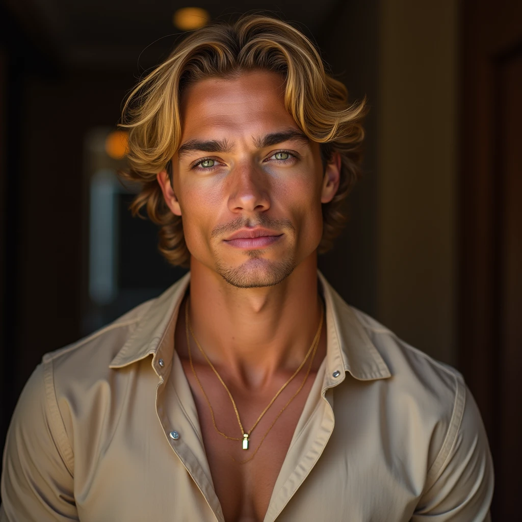 (photorealism:1.2), beautiful muscled hunk, looking at viewer, sitting on bed, wearing trunks, long curly blonde hair, indoors, soft lighting, plants in background, window with sunlight, cozy room, relaxed pose, realistic, intricate details, warm colors, by Greg Rutkowski, by Alphonse Mucha