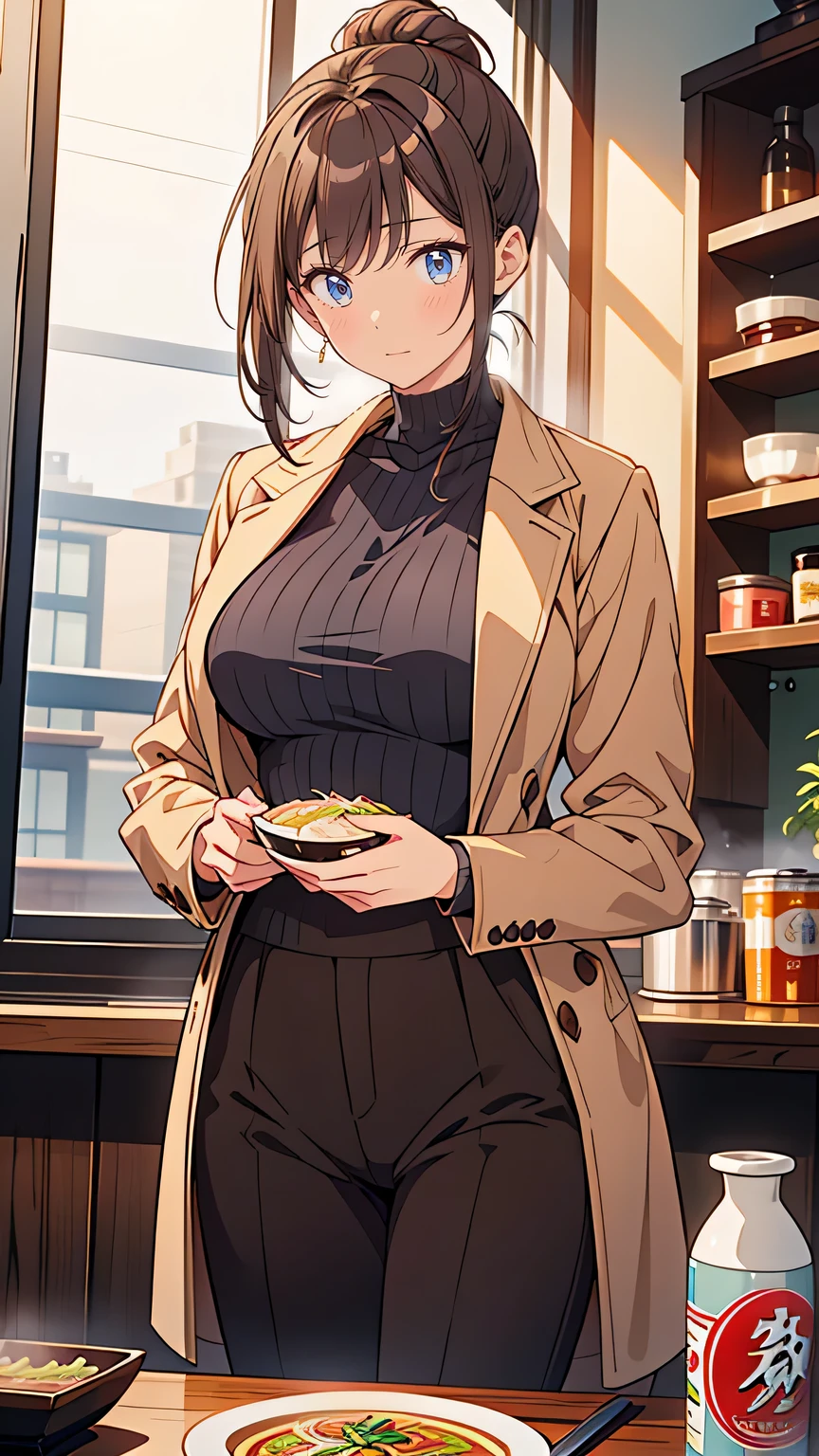 “A tall, composed young woman with sleek, dark brown hair tied into a neat bun. She has a mature, intellectual look, wearing a smart, stylish outfit—an elegant coat over a turtleneck and tailored pants. Her sharp gaze and slightly raised eyebrow hint at her analytical nature. She stands at the counter of a ramen shop, carefully observing the preparation of her meal, exuding a calm, confident aura in the cozy setting.”
