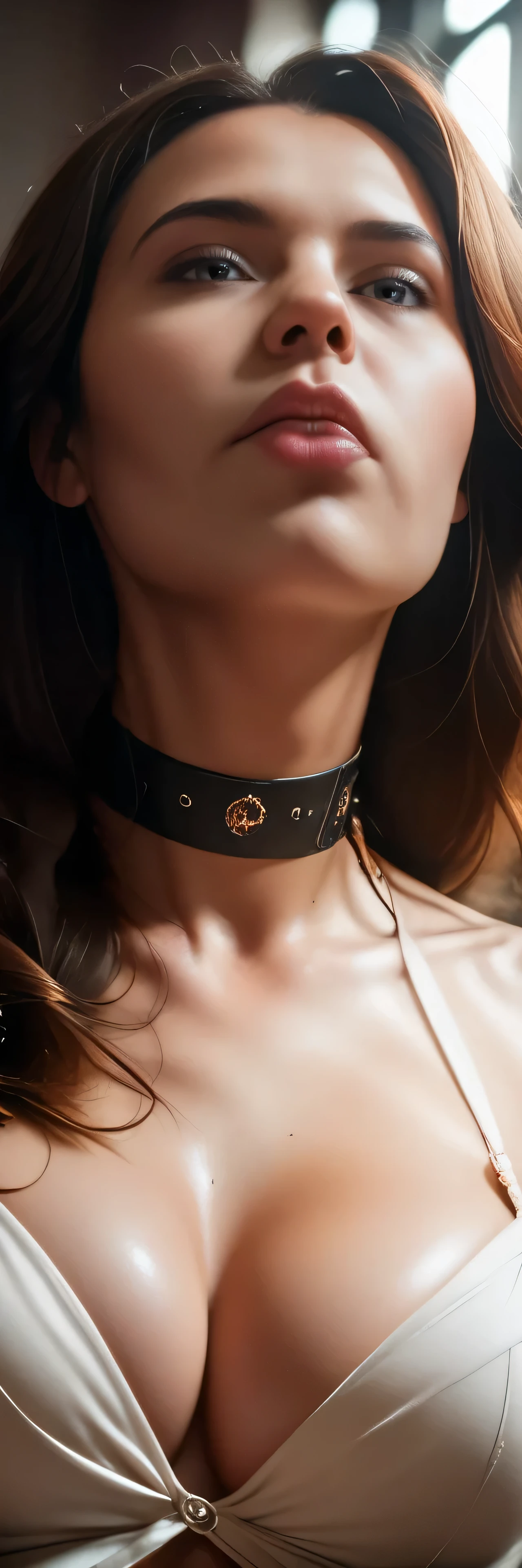 sfw,A woman with a choker  that reads "daddy's pet" performing an intense deepthroat blowjob, photorealistic, hyper detailed, 8k, cinematic lighting, dramatic angle, masterpiece