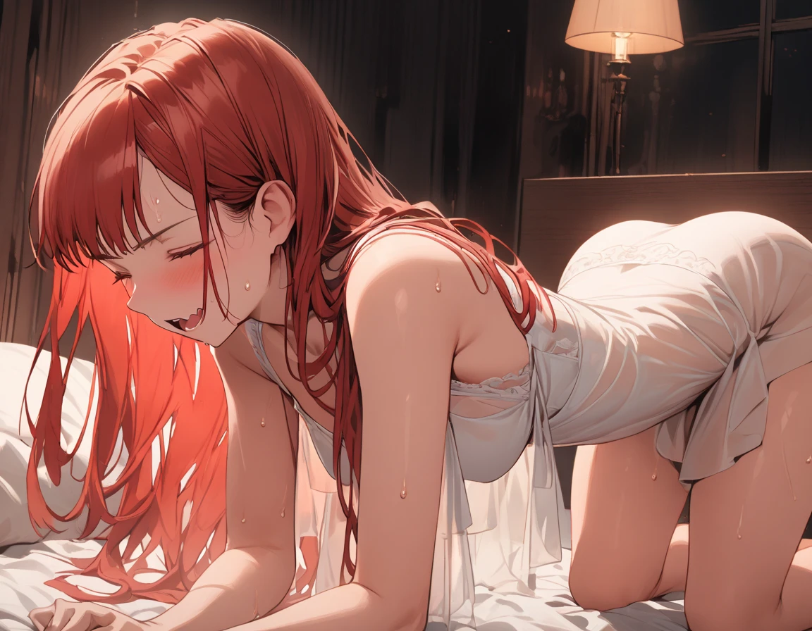 a mature woman with vampire teeth, impassive expression, open mouth, ((rosy cheeks)), closed eyes, ((profile face)), ((red hair)), long straight hair, tucking hair, (sexy body), sweaty face, exposed big hip, (white babydoll), dark bedroom, ((on all fours)), (View from side), on the bed, dark toned color palette, indecent vibe, night atmosphere, orange backlit, faint moody orange lighting, best quality