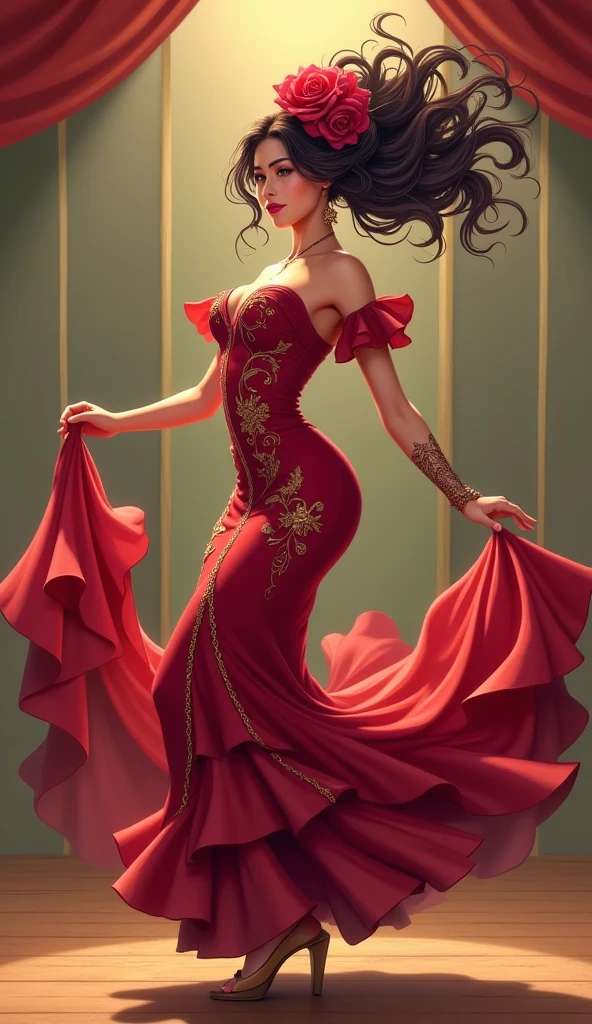 Flamenco dancer with a beautiful slender body、Bend your body backwards slightly 、Purplish brown-black hair 、 pink lips、 Red Rose Hair Ornament、Crimson Dress、Dancing on stage、 manga anime style 、 high image quality、masterpiece、