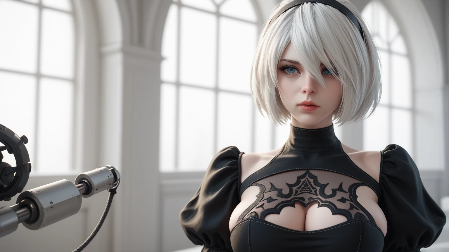 Exalted appearance 、High quality、clear、Gothic、 bondage 、 Nier Automata、2b、Yorha Unit 2 、Mature Woman、8k、 super high image quality、Big, moisturized eyes 、High quality eyes 、 long eyelashes、 delicate collarbone 、 oversized breasts that seem to pop out、Small Mouth、Narrow shoulders、 clear white skin 、