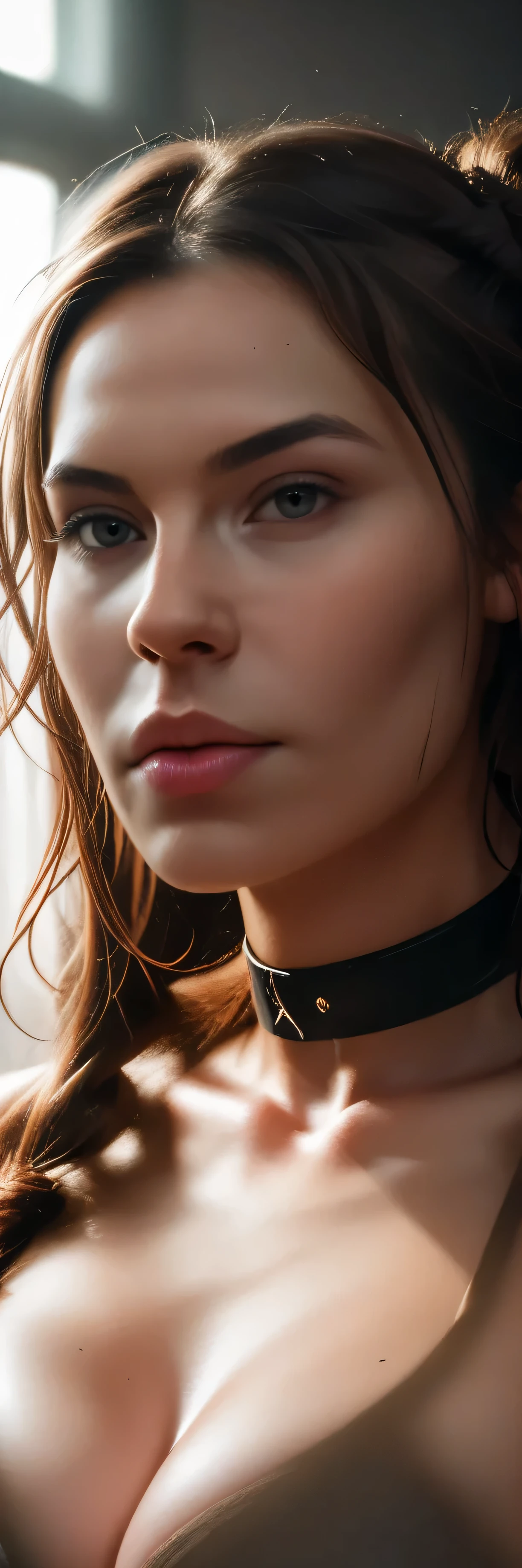 sfw,A woman with a choker that reads "daddy's pet" ,she has a huge dille in her mouth, photorealistic, hyper detailed, 8k, cinematic lighting, dramatic angle, masterpiece